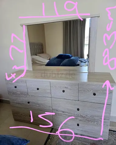 Light Grey Dresser with Mirror - Good Condition with matching set of drawers and 2 bed side cabinets