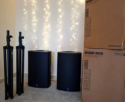 Pair of Turbosound Milan M15 Powered PA Speakers with Stands (New used once)