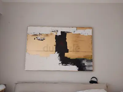 Large Abstract Wall Painting in Gold, Black and White (Framed)