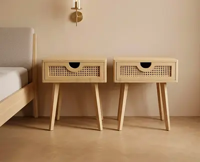 Pair of Light Wood Nightstands with Rattan Drawer Fronts