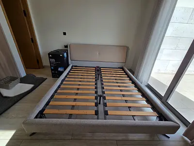 Light grey fabric double bed frame with headboard (no mattress)
