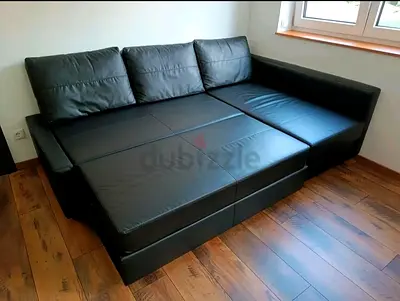 Black Leather Corner Sofa Bed — Convertible 3-Seater with Storage