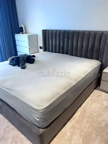 Grey Velvet King Bed Frame with Headboard + mattress+ 2 Nightstands