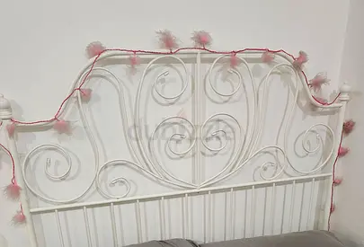 White Metal Double Bed Frame with Decorative Scroll Headboard