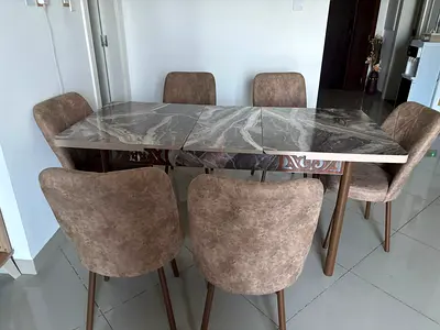 6-Seater- Dining Table with Upholstered Chairs - used only for 60 days. Selling due to moving out