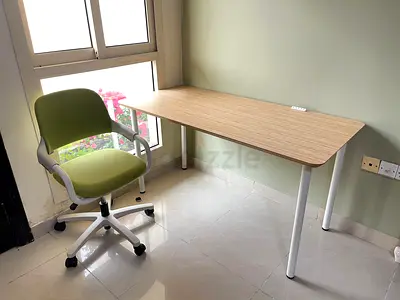 Minimal Wooden Study Desk with Ergonomic Green Office Chair