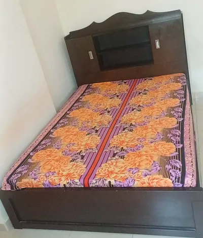 Dark Wood Double Bed with Headboard Storage