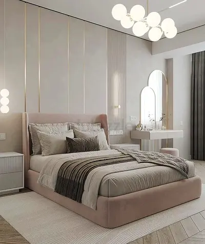 Upholstered Platform Bed with Headboard - Modern Neutral Beige, King Size Look