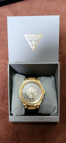 Gold GUESS crystal mens watch in original box - excellent condition
