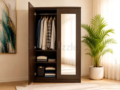 Dark Wood 2-Door Wardrobe with Mirror — Good Condition