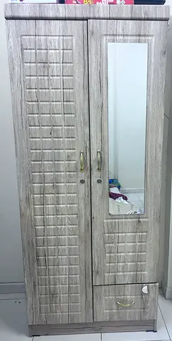 Light Grey Wooden Wardrobe with Mirror and Drawer