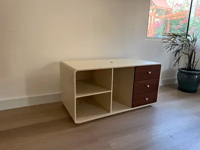 Compact Cream Storage Cabinet with 3 Drawers and Open Shelves