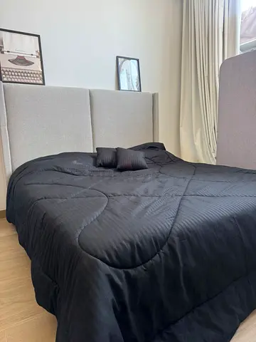 Queen Bed with Upholstered Headboard and Black Comforter