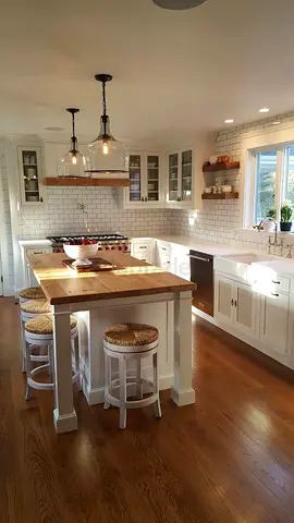 Solid Wood Kitchen Island with 3 Round Stools (Set)