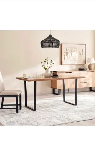 Modern Light Wood Dining Table with Black Metal Legs and 4 comfortable chairs