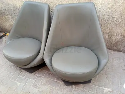 Pair of Modern Grey Leather Swivel Lounge Chairs