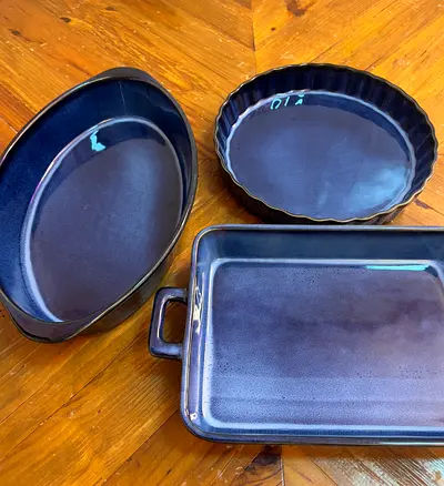 Set of 3 Blue Ceramic Baking Dishes (Oval, Rectangular, Fluted)