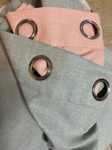 Pair of ready-made eyelet curtains (peach  light grey) - good condition