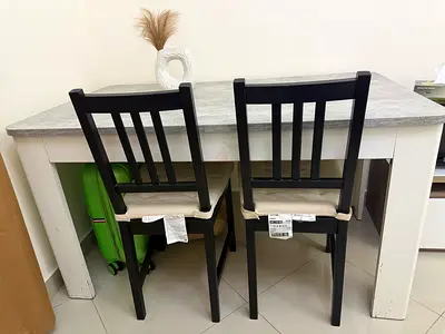 Solid Wood Dining Table with 2 Black Chairs - Light Grey Top