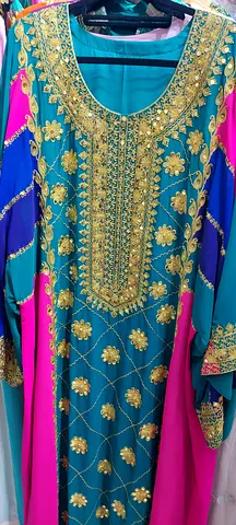 Traditional embroidered long dress / Bahraini in teal with gold detailing (used)