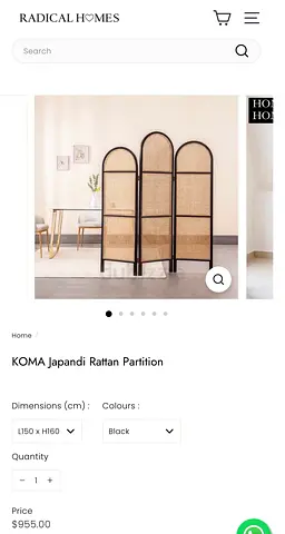 KOMA Japandi Rattan 3-Panel Room Divider / Partition - Black Frame