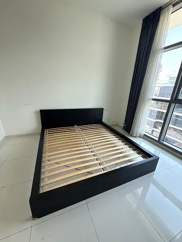 King size wooden platform bed frame with headboard - dark finish