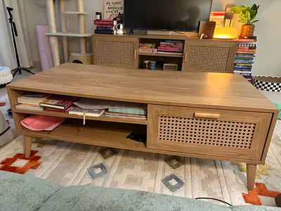 Solid Wood Coffee Table with Rattan Look - Light Oak Finish