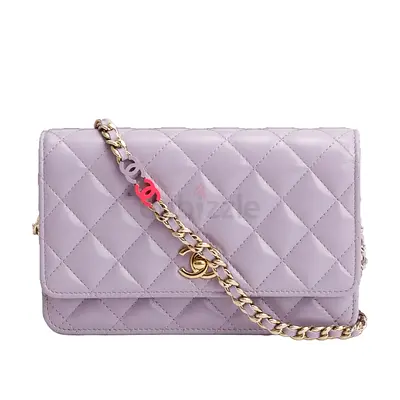 Authentic Chanel Purple Shiny Lambskin Quilted Enamel CC Wallet on Chain