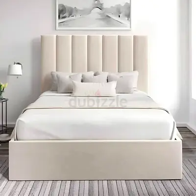 UAE - Modern Upholstered Double Bed with Tall Padded Headboard (Cream)