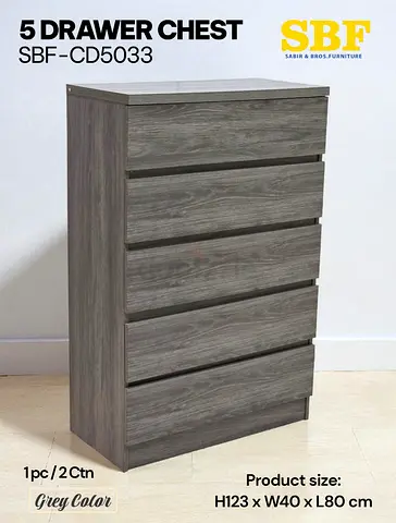 5-Drawer Chest / Dresser - Grey Wood Finish (H123 x W40 x L80 cm)