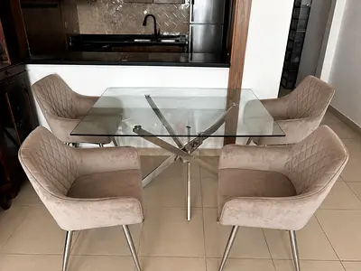 Glass Top Dining Table with 4 Upholstered Chairs - Modern Set