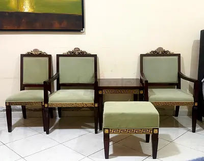 Classic Wooden Armchairs and Ottoman Set with Side Table