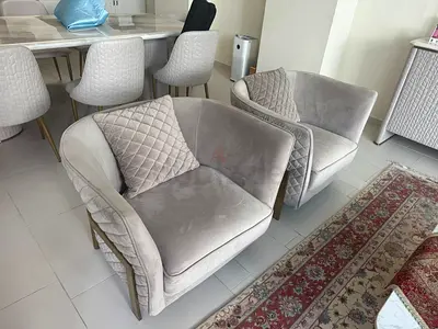 Pair of Grey Velvet Accent Armchairs with Gold Frame