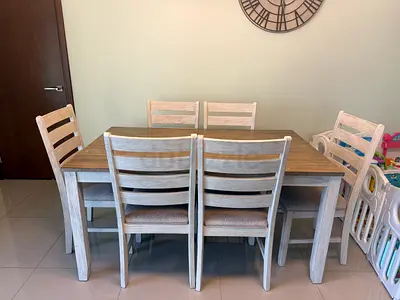 Solid Wood 6-Seater Dining Table Set - Light Washed grey Finish