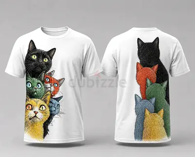 White Graphic T‑Shirt with Colorful Stacked Cat Illustration (Unisex)