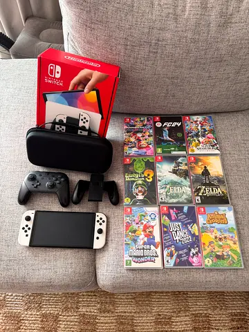 Nintendo Switch OLED with Controller, Carry Case and 9 Games - White Joy-Cons