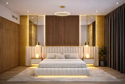 Modern King Bed with Upholstered Headboard and Built-in Nightstands (Set)