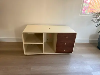 Compact Cream Storage Cabinet with 3 Drawers and Open Shelves