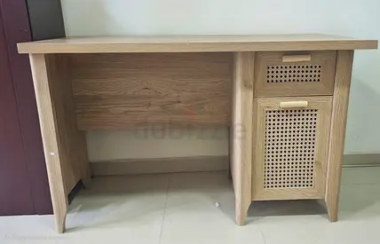 Oak-effect Study Desk with Woven Cane Drawer  Cabinet