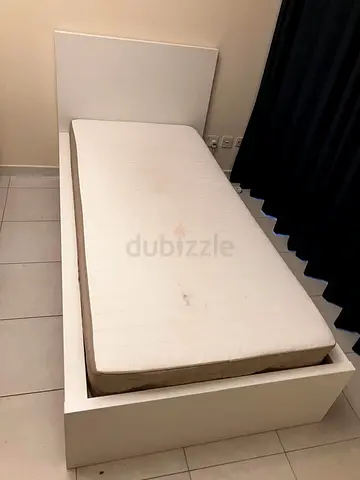 Single white platform bed frame with mattress (IKEA-style) - good solid condition