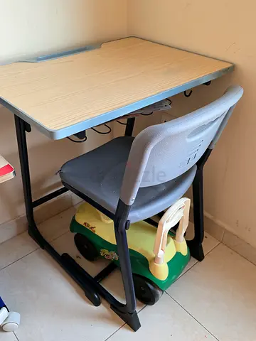 Compact Study Desk and Chair Set - Light Wood Top, Grey Chair