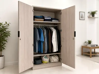 Two-Door Wooden Wardrobe with Hanging Rail and Shelves