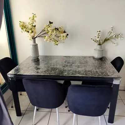Glass top Dining Table with 4 Velvet Chairs - Good Condition