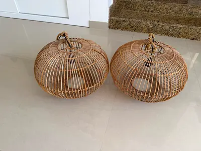 Pair of rattan woven pendant lamp shades - natural finish