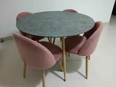 Round 4-Seater Dining Table with Grey Top and Pink Velvet Chairs