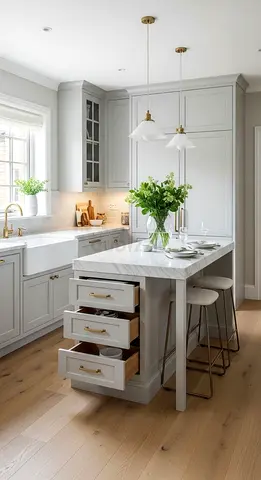 Light Grey Kitchen Island with Marble Top and Storage Drawers