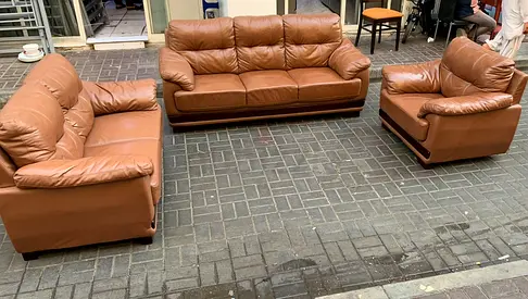 Brown Leather 3-Piece Sofa Set – 3-Seater, 2-Seater and Armchair