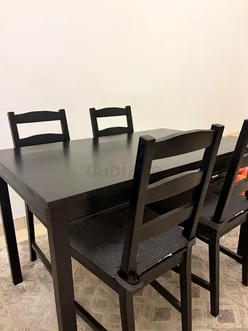 Black Wooden Dining Table with 4 Chairs and Cushioned Seat