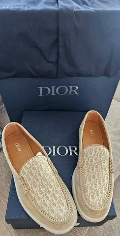 Authentic Dior Mens Beige Logo Jacquard Loafers - Size TBC