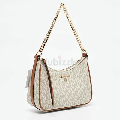 Authentic Michael Kors Monogram Small Shoulder Bag with Chain Strap - Beige/Tan